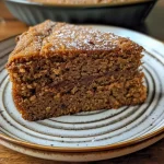 Close-up view of a moist spice cake topped with cream cheese frosting.
