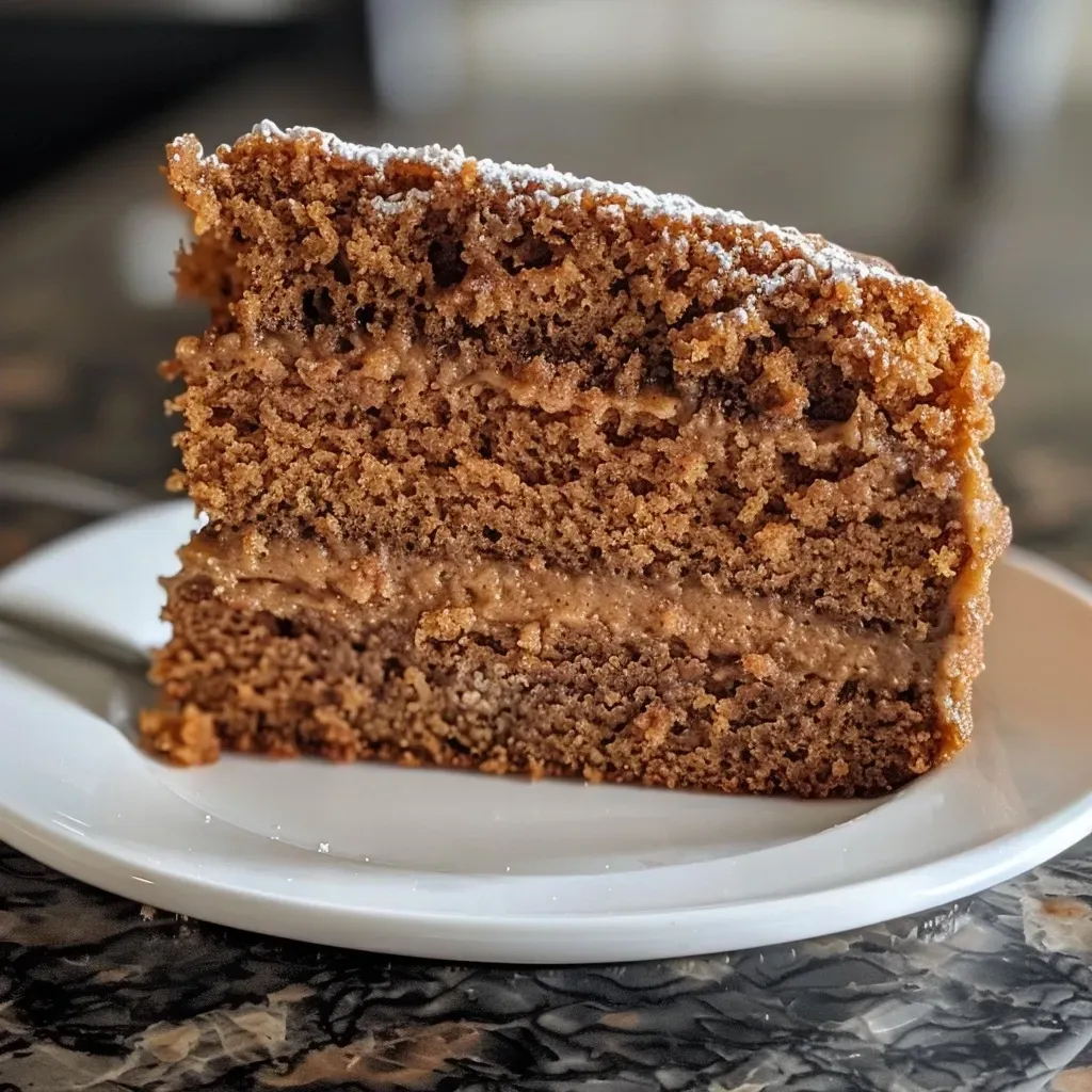 Side view of a juicy spice cake with grated apple and cream cheese icing.