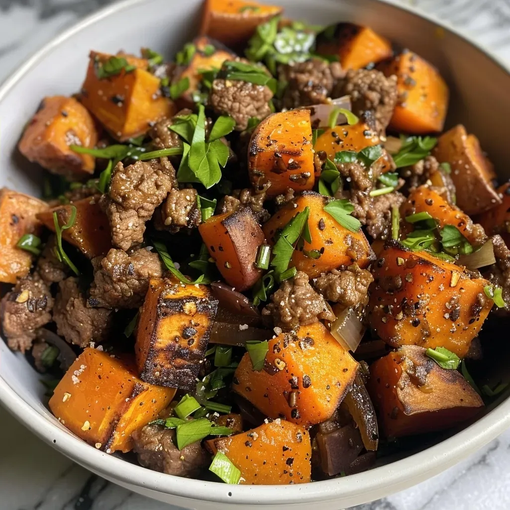 Side perspective of a colorful Sweet Potato Beef Bowl filled with fresh ingredients.