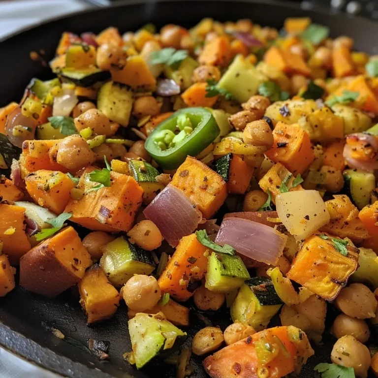 Nourishing Sweet Potato Breakfast Hash to Start Your Day Right Close-up of Sweet Potato Breakfast Hash with colorful vegetables and eggs.
