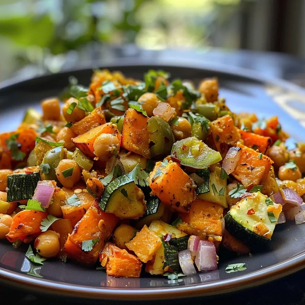 Juicy Sweet Potato Breakfast Hash with vibrant ingredients on a plate.