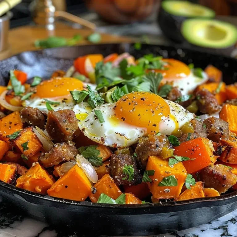 Close-up view of a delicious Sweet Potato Hash with sausage and eggs, featuring colorful diced vegetables.