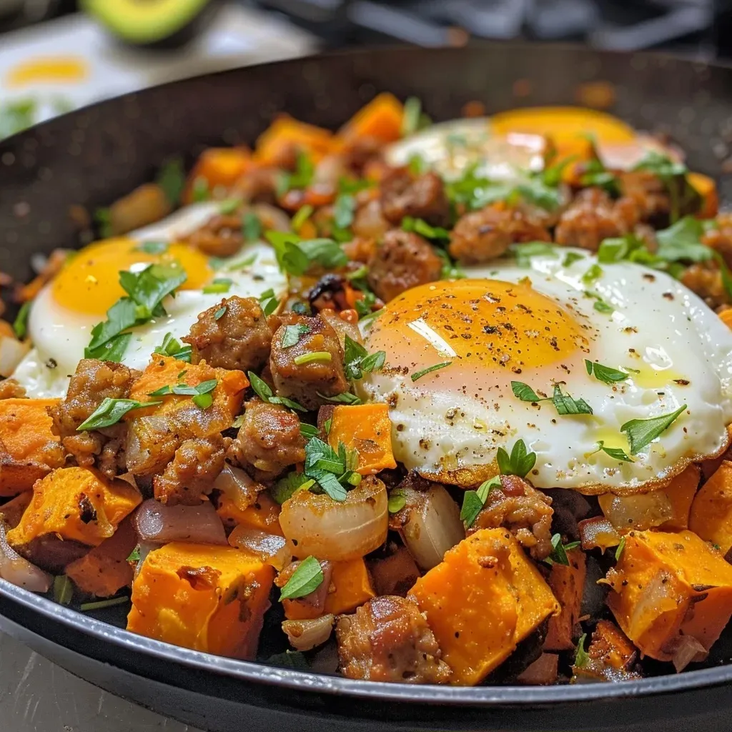 Juicy Sweet Potato Hash presented on a plate, topped with sunny-side-up eggs and garnished with herbs.