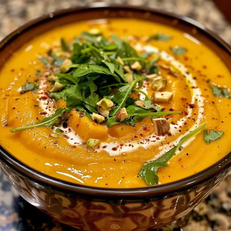 A close-up side view of creamy sweet potato soup garnished with watercress and pistachios.