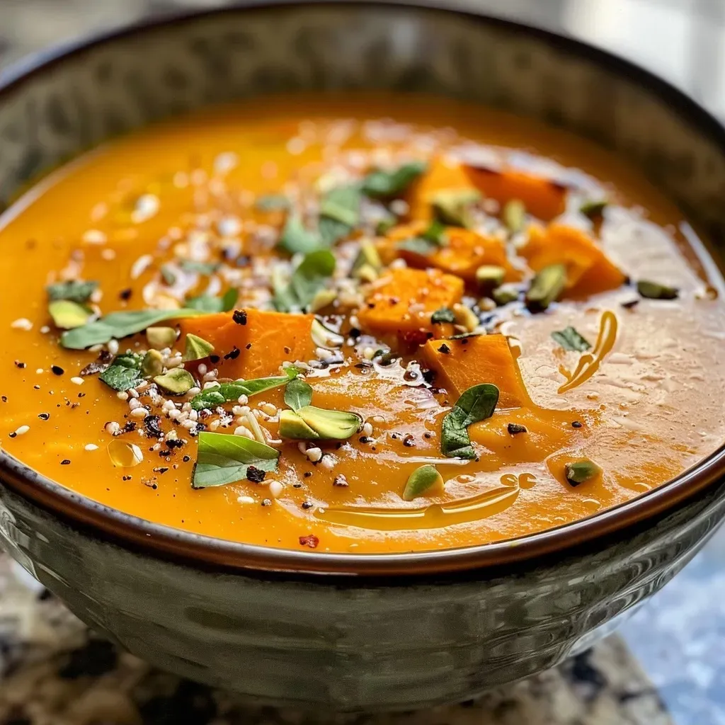 A vibrant bowl of sweet potato soup featuring a velvety texture and topped with coconut cream and spices.