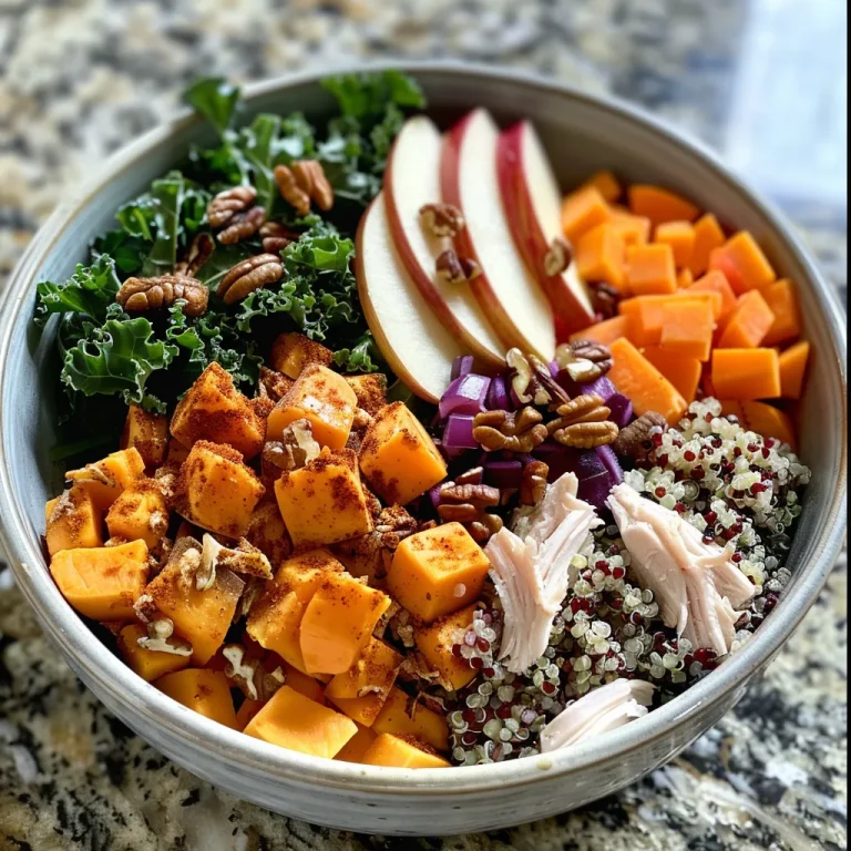 Close-up view of a colorful grain bowl filled with wild rice, quinoa, sweet potatoes, and greens.