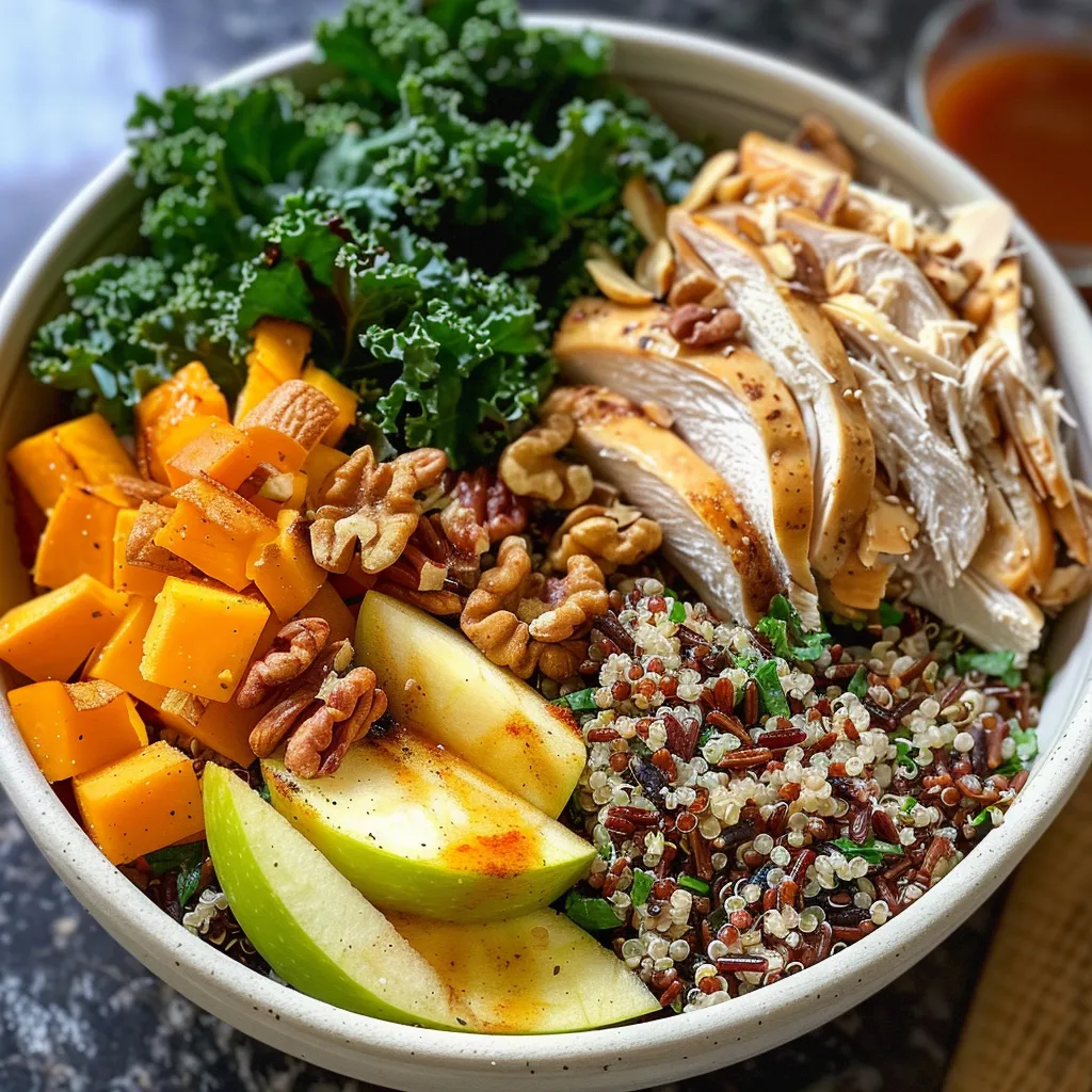 A side view of a gourmet autumn grain bowl showcasing layers of chicken, vegetables, and nuts.