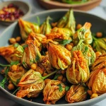A close-up side view of juicy spiced chickpea stuffed squash blossoms on a plate.