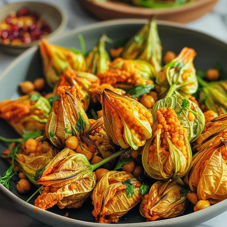A close-up side view of juicy spiced chickpea stuffed squash blossoms on a plate.