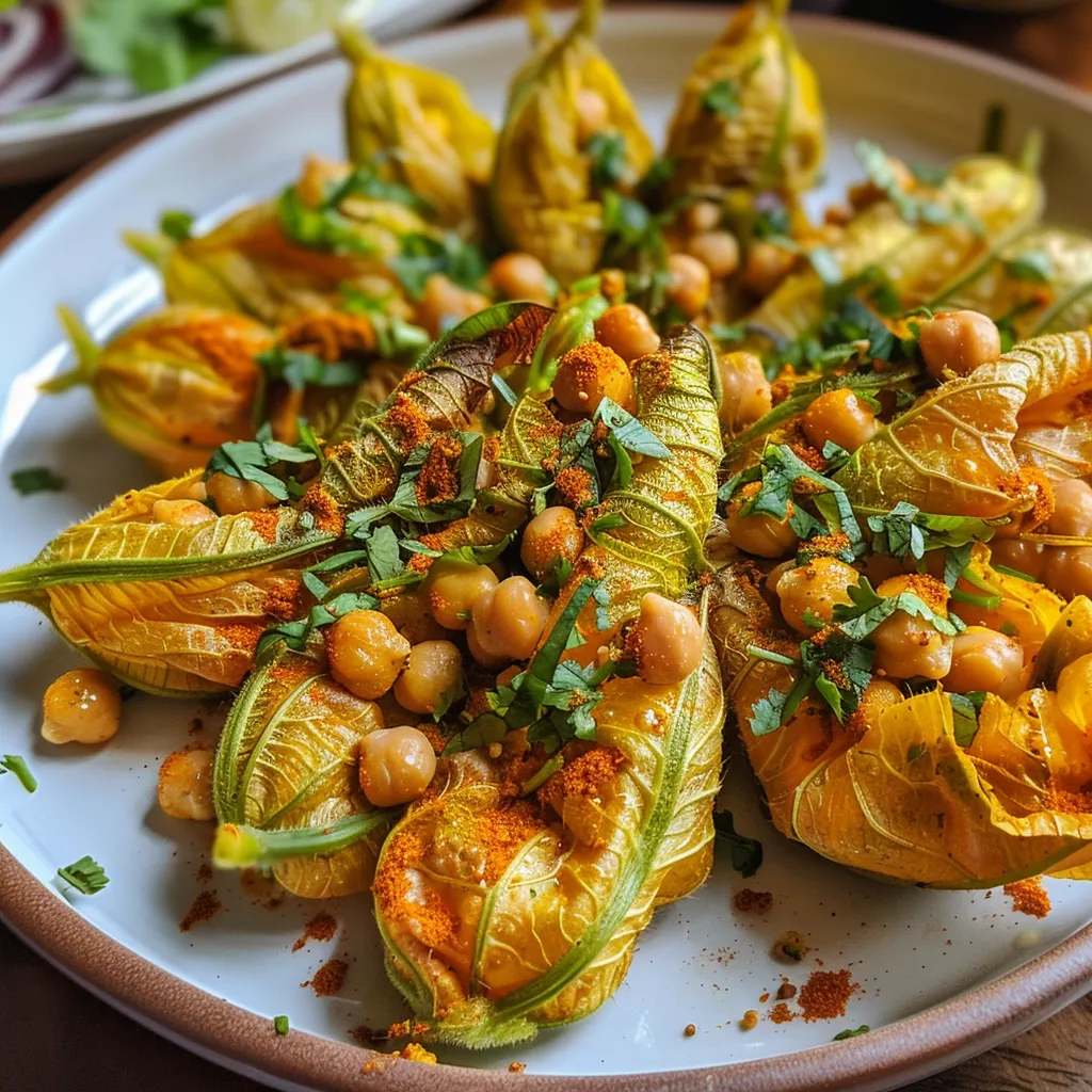 A vibrant photo featuring freshly prepared squash blossoms filled with chickpea mixture.