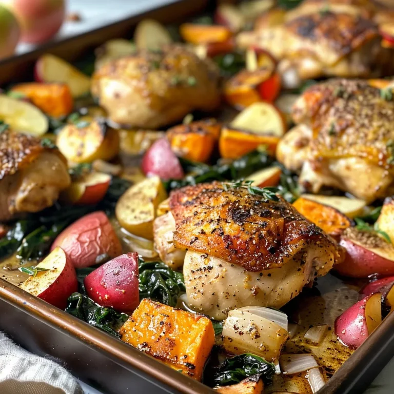 Close-up view of a juicy sheet pan apple chicken with sliced apples.