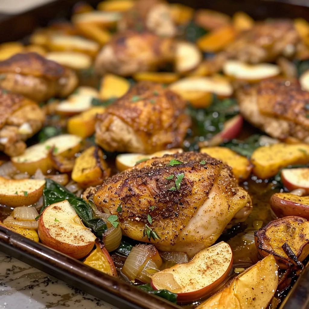 Side view of cooked chicken thighs and apple wedges arranged on a sheet pan.