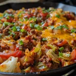 Close-up of a skillet filled with Cabbage Roll Skillet, showcasing ground beef, diced tomatoes, and melted cheese.