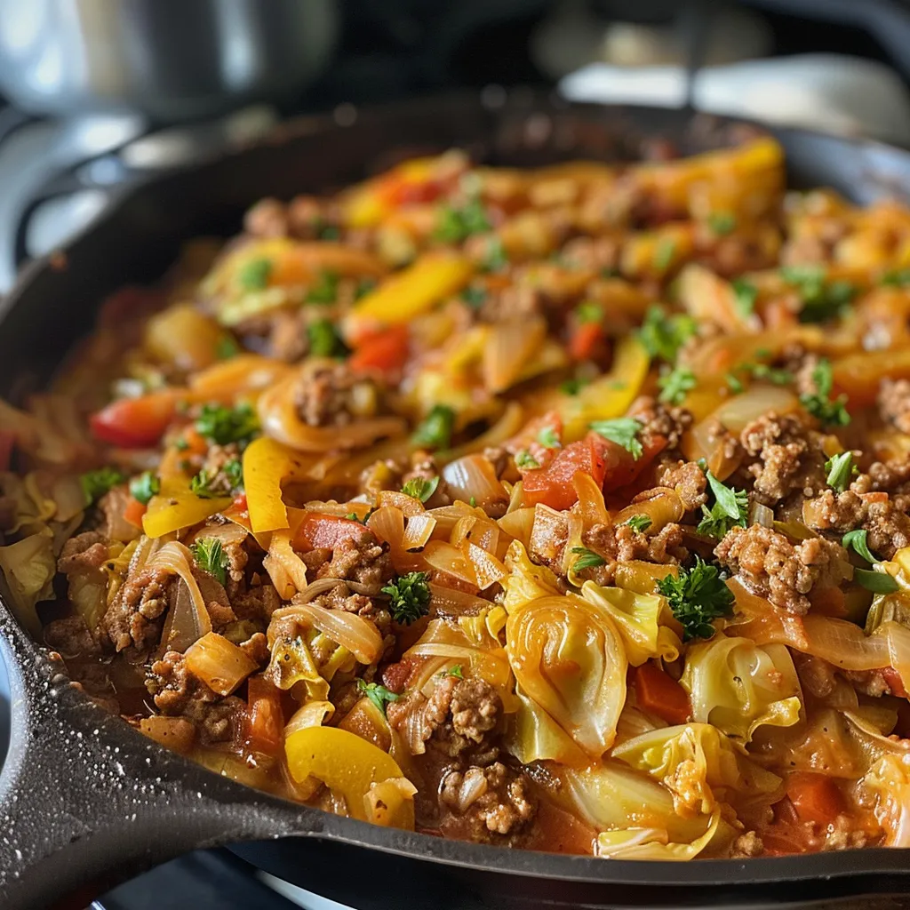 Juicy Cabbage Roll Skillet featuring ground beef, chopped cabbage, and colorful bell peppers in a cast-iron skillet.