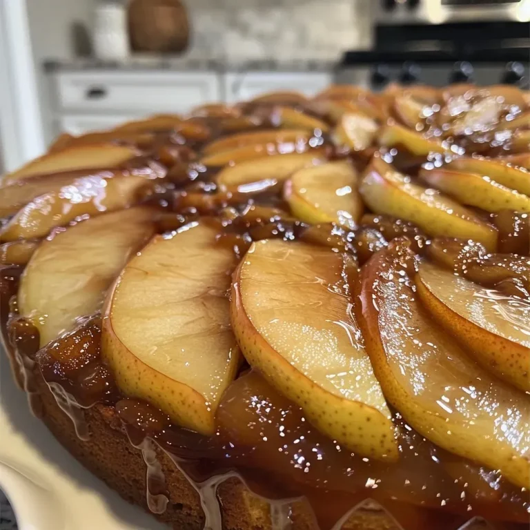 A Slice of Joy: Brown Butter Upside-Down Pear Cake for Everyday Moments Close-up side view of a moist upside-down pear cake with caramelized pears on top.