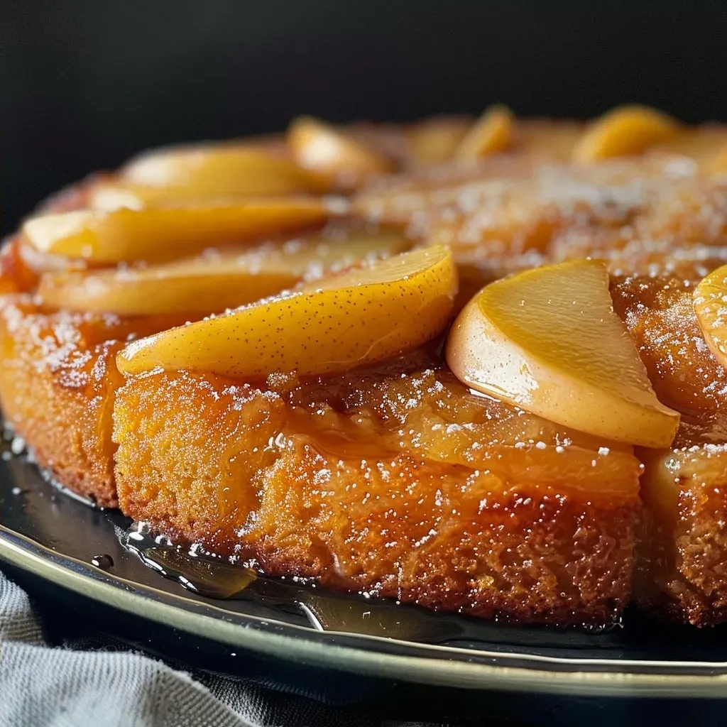 Juicy upside-down pear cake showcasing layered pear slices with a golden brown crust.