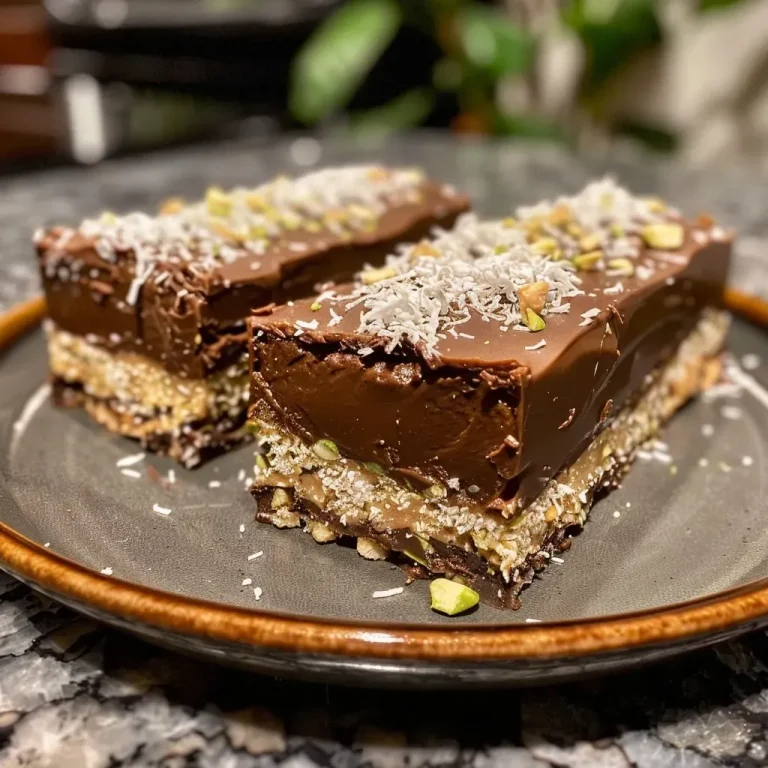 Close-up view of a vegan Dubai Chocolate Bar with visible layers of chocolate and coconut.