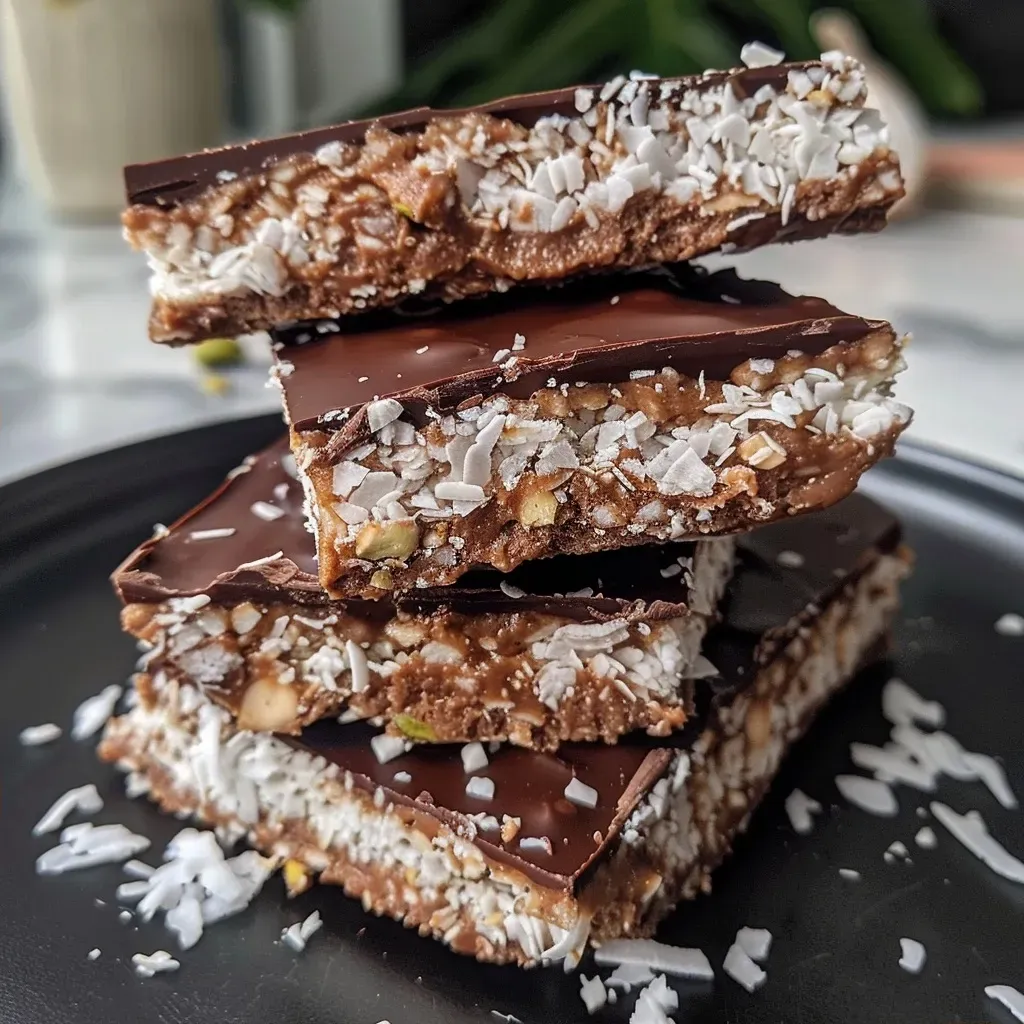 Side view of a decadent vegan chocolate bar showcasing its creamy texture and pistachio cream filling.