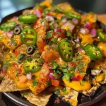 A close-up view of colorful vegan nachos topped with creamy pumpkin cheese sauce and fresh toppings.