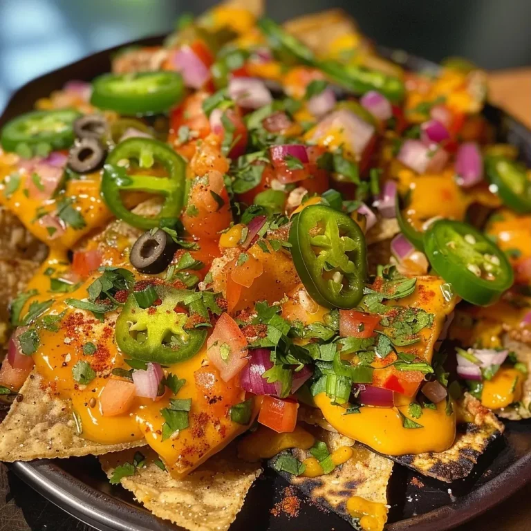 A close-up view of colorful vegan nachos topped with creamy pumpkin cheese sauce and fresh toppings.