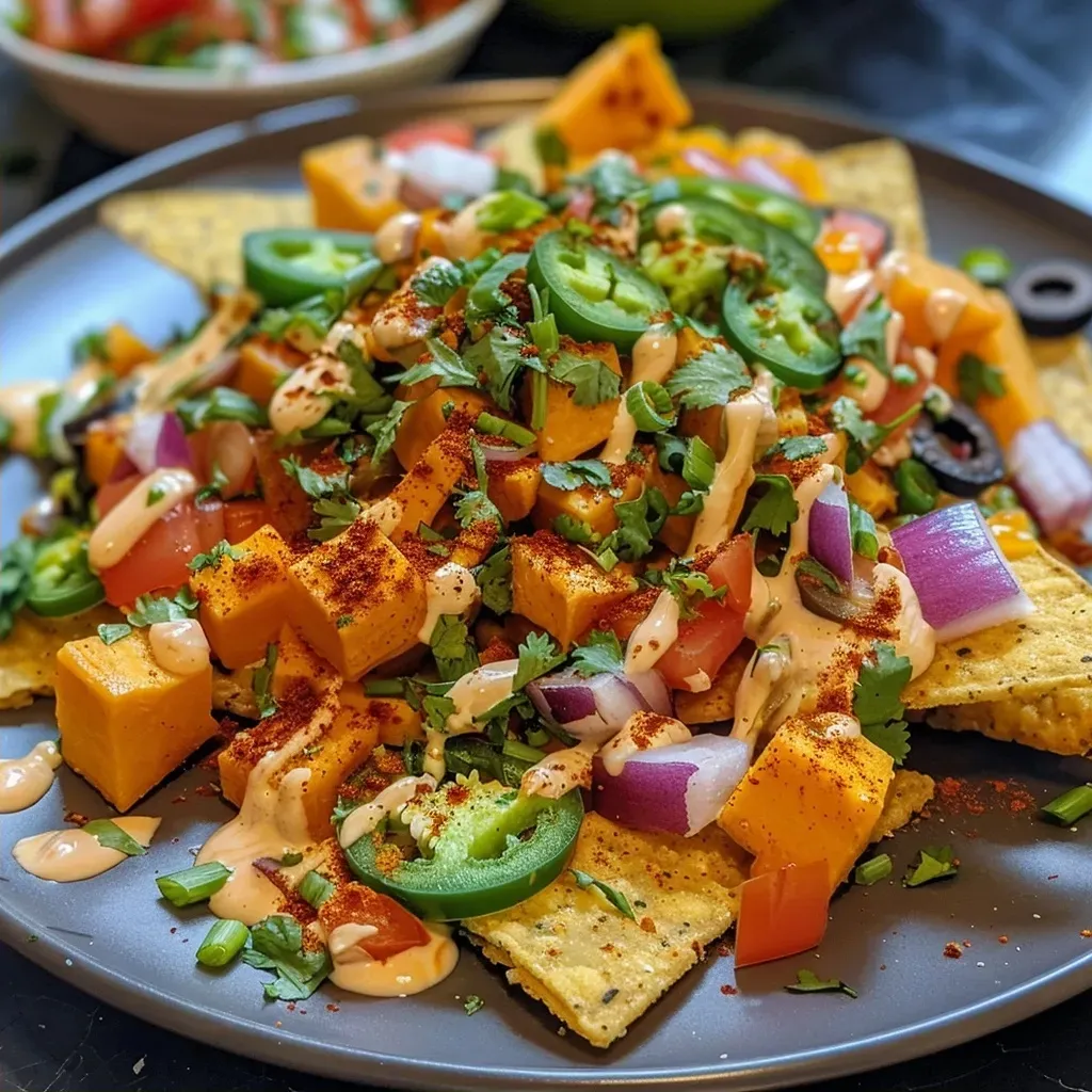 Side profile of crispy vegan nachos drizzled with pumpkin cheese sauce and garnished with jalapeños, olives, and guacamole.