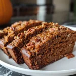 Close-up side view of a slice of vegan pumpkin bread showcasing its moist texture and toppings.