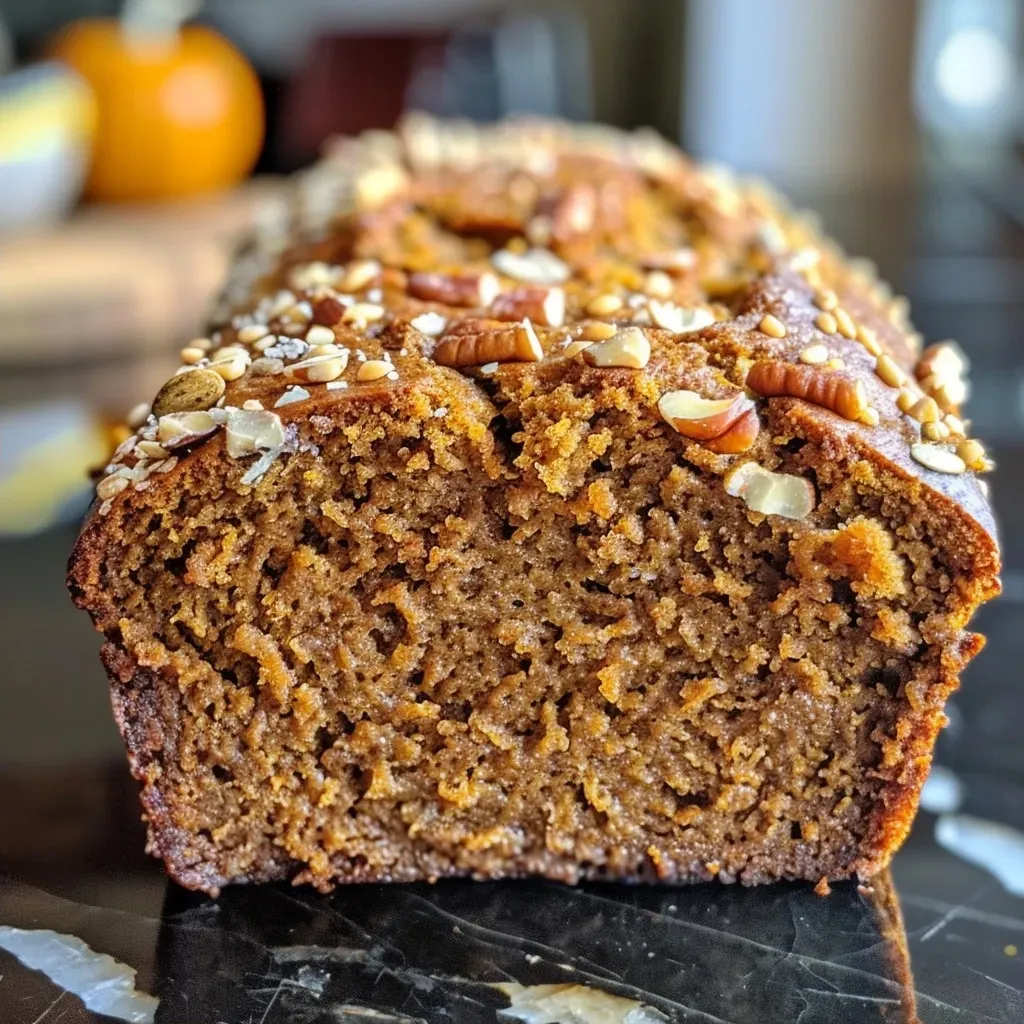 Detailed view of golden-brown vegan pumpkin bread with visible spices and crunch from pecans and pumpkin seeds.